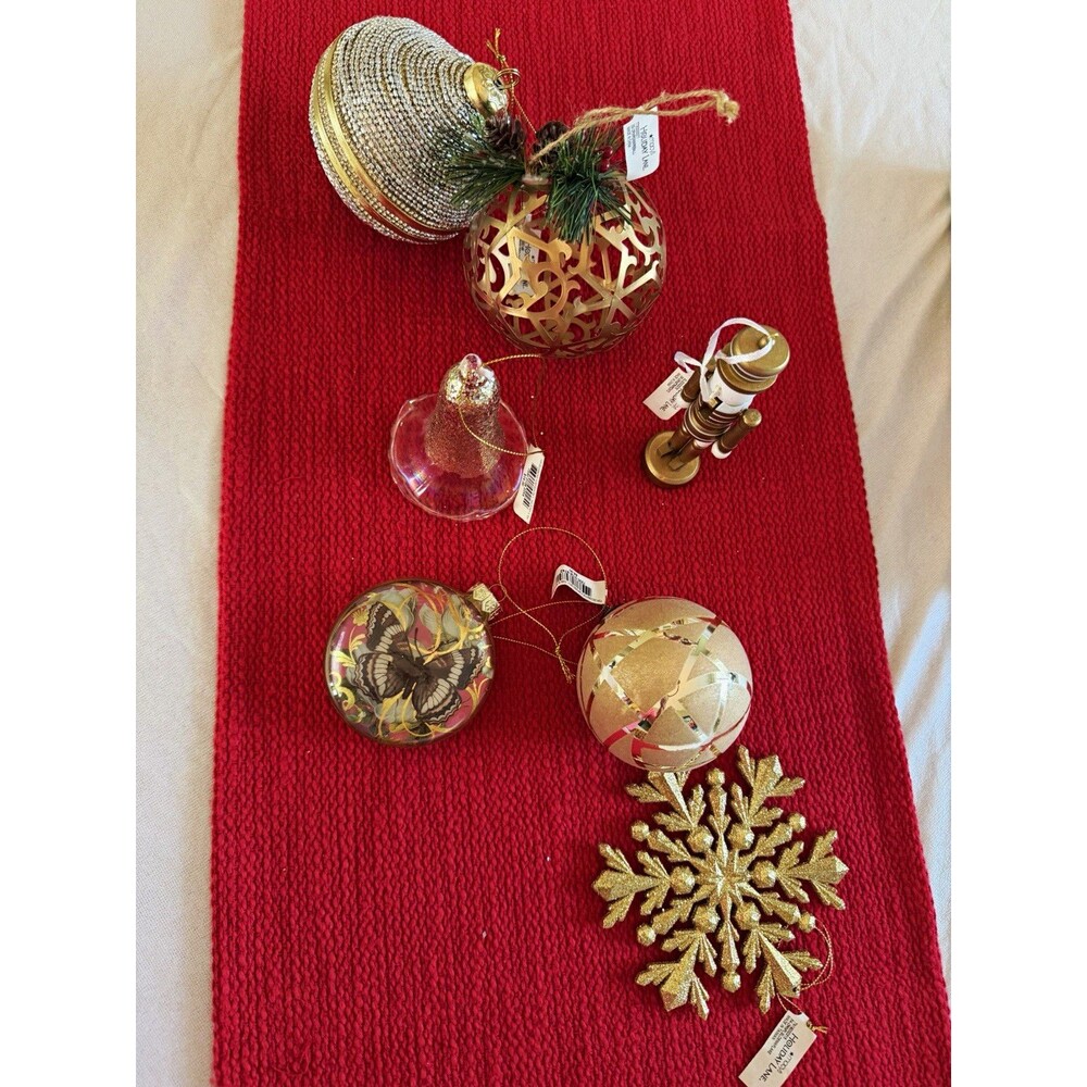 Christmas Ornament 6 Gold/Red Hanging Glitter Baubles Snowflake, Nutcracker